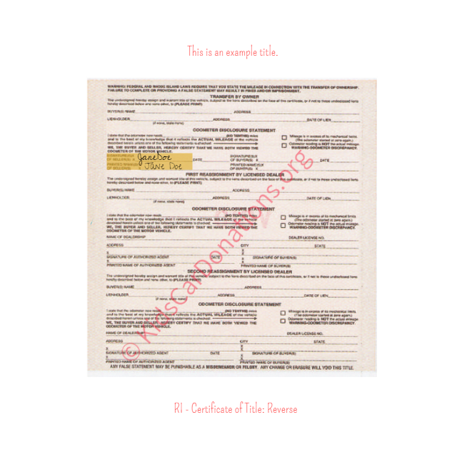 This is an Example of Rhode Island Certificate of Title (Copy 2) Reverse View | Kids Car Donations